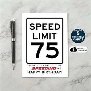 75e verjaardagskaart, verjaardagskaart snelheidslimiet, grappige 75e verjaardagskaart, afdrukbare verjaardagskaart