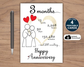 3 month Anniversary Card Printable, Printable Anniversary Card, Three Month Anniversary Card