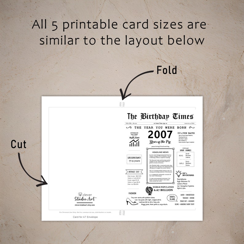 The 2007 birthday card template provides clear instructions for cutting and folding after printing. This consistent layout across all 5 2007 birthday cards ensures a user-friendly experience.