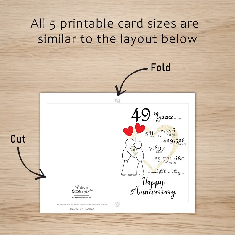 The 49 year anniversary card template includes clear guidelines for cutting and folding after printing. This consistent layout ensures ease of use across all five card sizes, making it simple and convenient to create the perfect anniversary card.