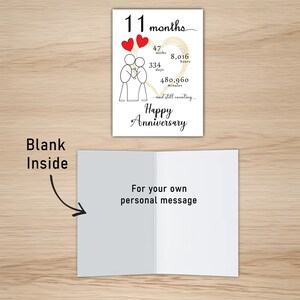 The inside of the 11 month anniversary printable card is intentionally blank, allowing you to pen your heartfelt message, imparting a personal touch to your 11 month anniversary.