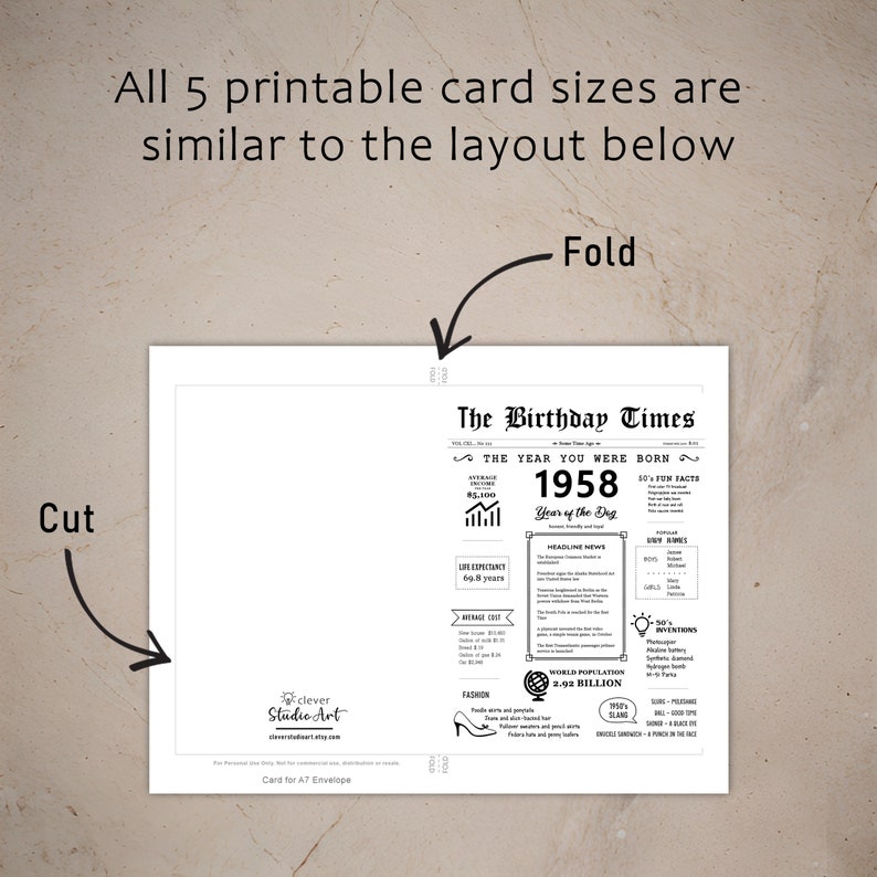 The 1958 birthday card template offers precise instructions for cutting and folding after printing. This consistent layout ensures a user-friendly experience across all five 1958 birthday cards.