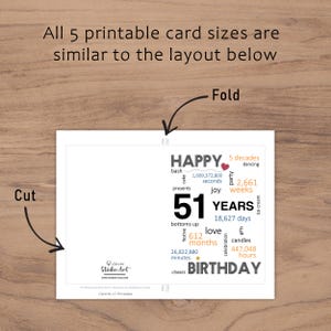 The 51st birthday card template provides clear guidelines for cutting and folding after printing. This consistent layout ensures ease of use across all five birthday card sizes.