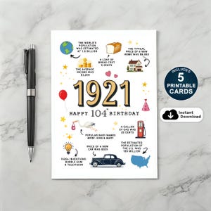 104e verjaardagskaart, geboren in 1921 afdrukbaar, 104e verjaardagscadeau voor vader, moeder, opa, oma, 1921 Fun Facts Card, Instant Download