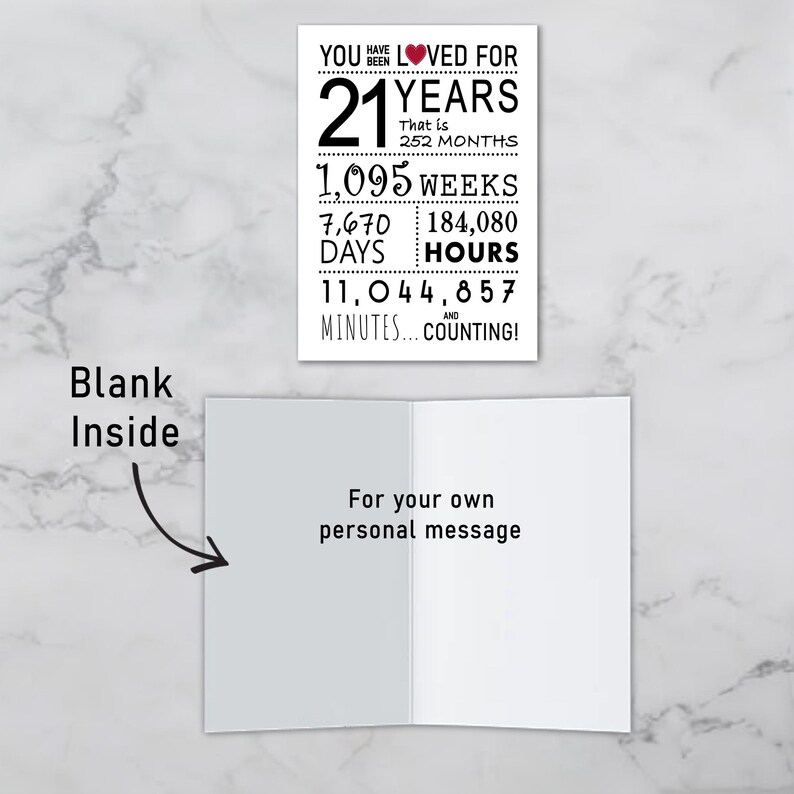 The inside of the 21st birthday printable card is intentionally blank, allowing you to pen a heartfelt message and add a personal touch to their special day.