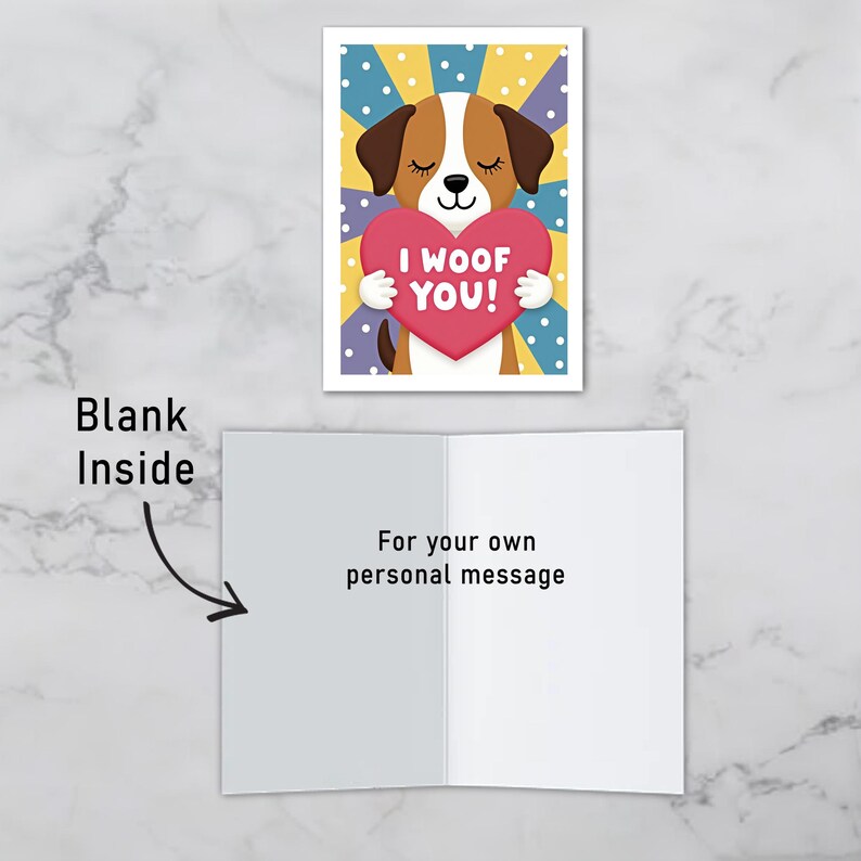 Dog-themed Valentine greeting card where you can write your own message inside. The front shows a smiling brown and white puppy holding a heart that reads I Woof You on a cheerful dotted background.