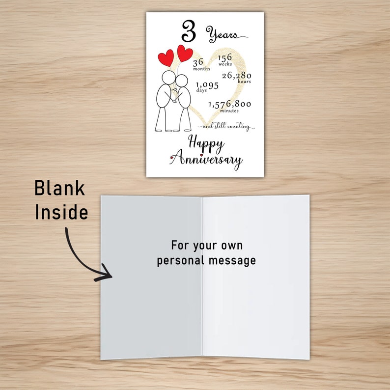 The inside of the 3 year anniversary printable card is intentionally blank, allowing you to pen your heartfelt message, imparting a personal touch to your 3 year anniversary.