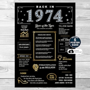 Back In 1974 Poster, Printable 51st Birthday Sign, Birthday Party Decorations, 1974 Birthday Sign For Him or Her, INSTANT DOWNLOAD