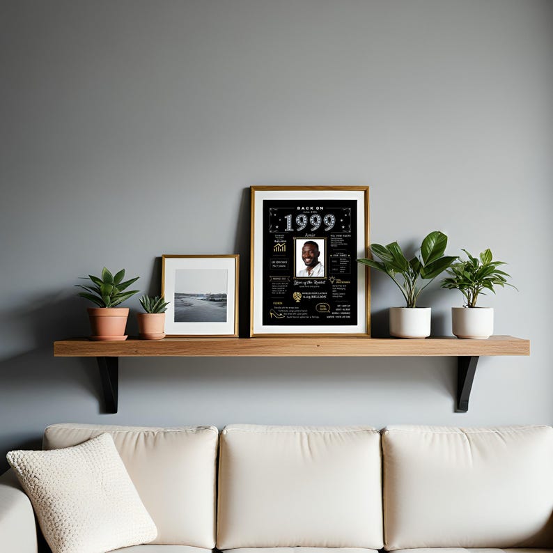 Elevate any space with the charming style of 1999 using our Back in 1999 birthday printable poster. Whether in a family room or any room, its vintage look catches the eye and starts conversations. Personalized with a name, birth date, and photo, it adds a meaningful and nostalgic touch to your décor.