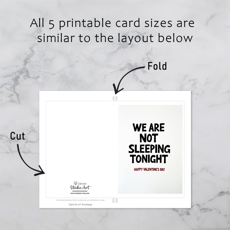 Printable Valentine greeting card that can be downloaded, printed, cut, and folded. The design uses bold black lettering with the phrase We are not sleeping tonight.
