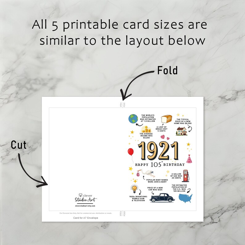 Each 1921 birthday card download includes clear, easy-to-follow instructions for printing, trimming, and folding — ensuring a smooth experience with all five birthday card versions.