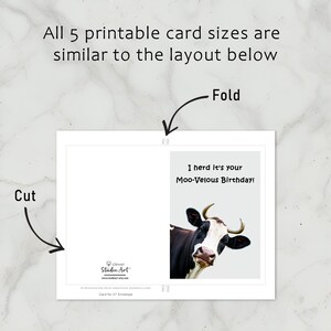 The Cow-themed Birthday Card template includes clear cutting and folding guidelines after printing, ensuring ease of use across all five sizes.