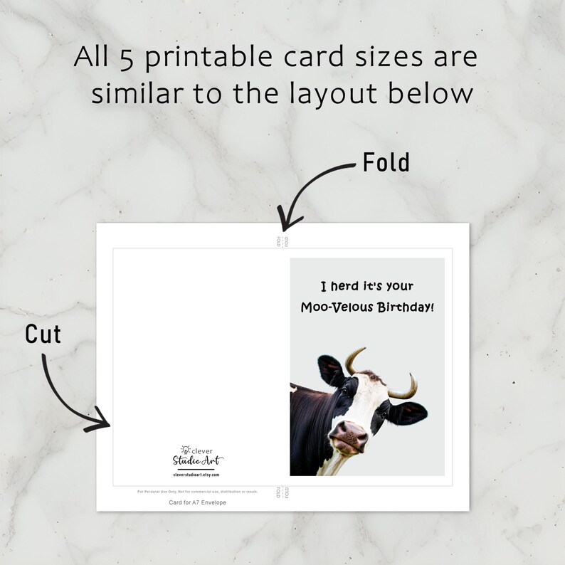 The Cow-themed Birthday Card template includes clear cutting and folding guidelines after printing, ensuring ease of use across all five sizes.