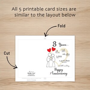 The 3 year anniversary card template offers clear guidelines for cutting and folding the card after printing. This consistent layout ensures ease of use across all 5 of the anniversary cards.