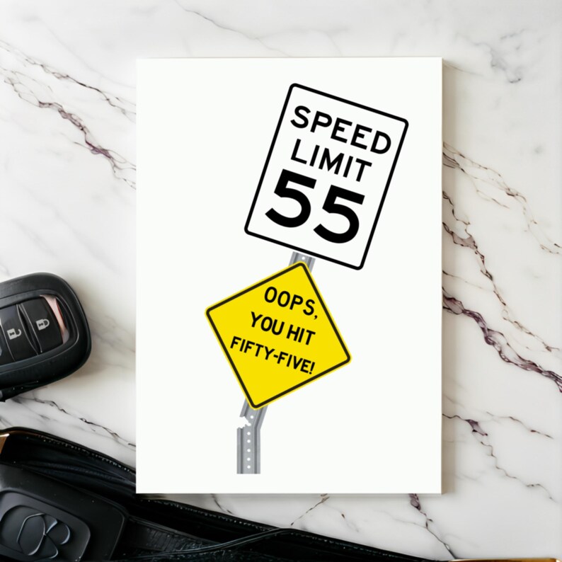 Celebrate their 55th birthday with a humorous 'Oops You Hit 55' Birthday Card, shown next to a pair of car keys. This thoughtful combination adds a memorable touch to their special day, symbolizing the beginning of an exciting journey ahead.