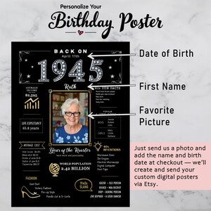 Available in 5 sizes for instant download, our 1945 birthday poster adds retro charm to any celebration or space. Personalize with a name, birth date, and photo for a unique keepsake.