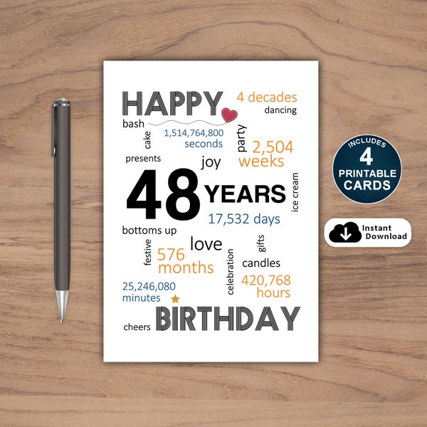 48th Birthday Card, Card For 48th Birthday, Printable 48th Birthday Card, Instant Download