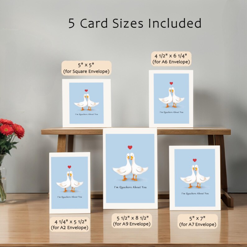 Show your love with our charming Ducks in Love Anniversary Card! Two adorable ducks, a heart above, and the sweet message 'I'm Quackers About You' make this card perfect. Instantly download in 5 popular sizes and make their special day even brighter.