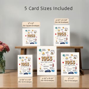 This 1953 birthday card printable comes in 5 popular sizes and is available for instant download, so you can choose the perfect one to share and celebrate a special 1953 birthday.