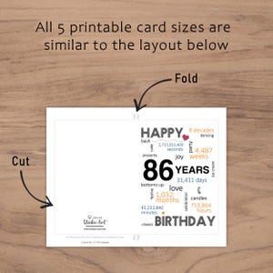 The 86th birthday card template provides clear guidelines for cutting and folding after printing. This consistent layout ensures ease of use across all five sizes.