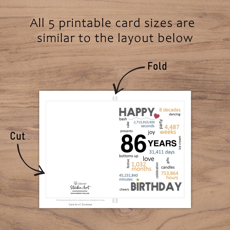 The 86th birthday card template provides clear guidelines for cutting and folding after printing. This consistent layout ensures ease of use across all five sizes.