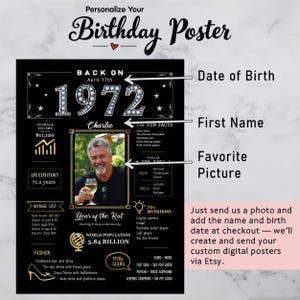Available in 5 sizes for instant download, our 1972 birthday poster adds retro charm to any celebration or space. Personalize with a name, birth date, and photo for a unique keepsake.