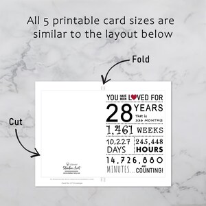 The 28th birthday card template provides clear guidelines for cutting and folding after printing. This consistent layout ensures ease of use across all five sizes.
