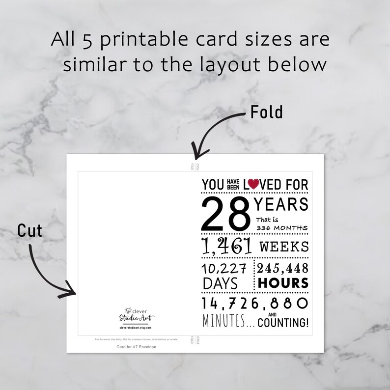 The 28th birthday card template provides clear guidelines for cutting and folding after printing. This consistent layout ensures ease of use across all five sizes.