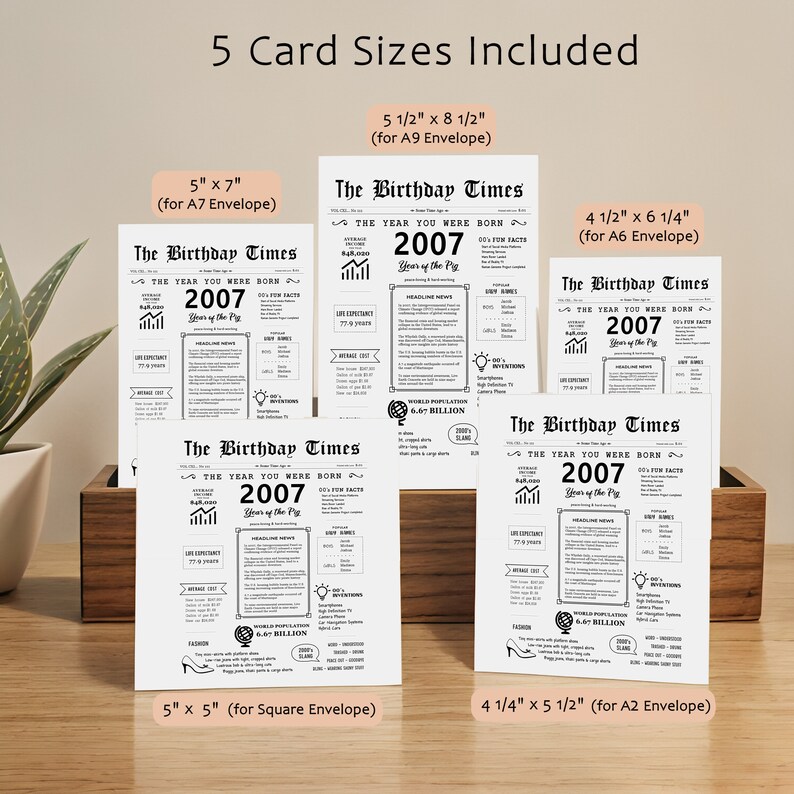 Our 2007 birthday printable card is available in the 5 most common birthday card sizes. Download instantly and select the perfect card to send to your loved one for a joyous celebration of their 2007 birthday.