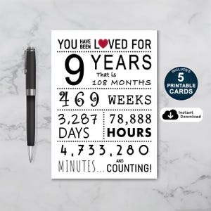 Cartão de 9º aniversário, cartão de aniversário para impressão, você foi amado por 9 anos, cartão de 9º aniversário para filha ou filho