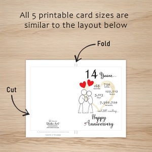 The 14 year anniversary card template offers clear guidelines for cutting and folding the card after printing. This consistent layout ensures ease of use across all 5 of the anniversary cards.