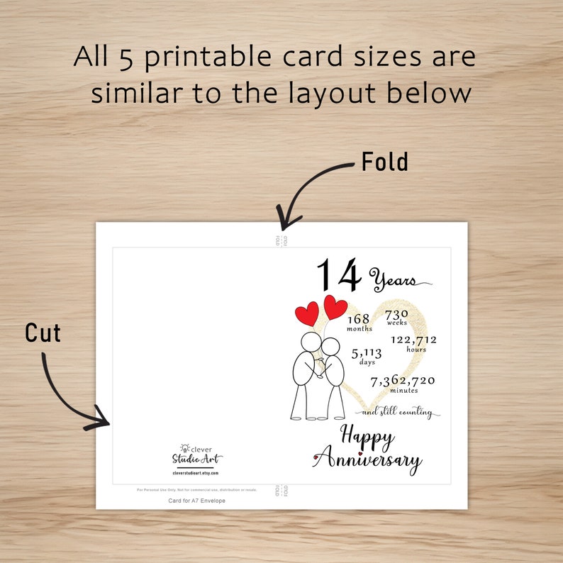 The 14 year anniversary card template offers clear guidelines for cutting and folding the card after printing. This consistent layout ensures ease of use across all 5 of the anniversary cards.