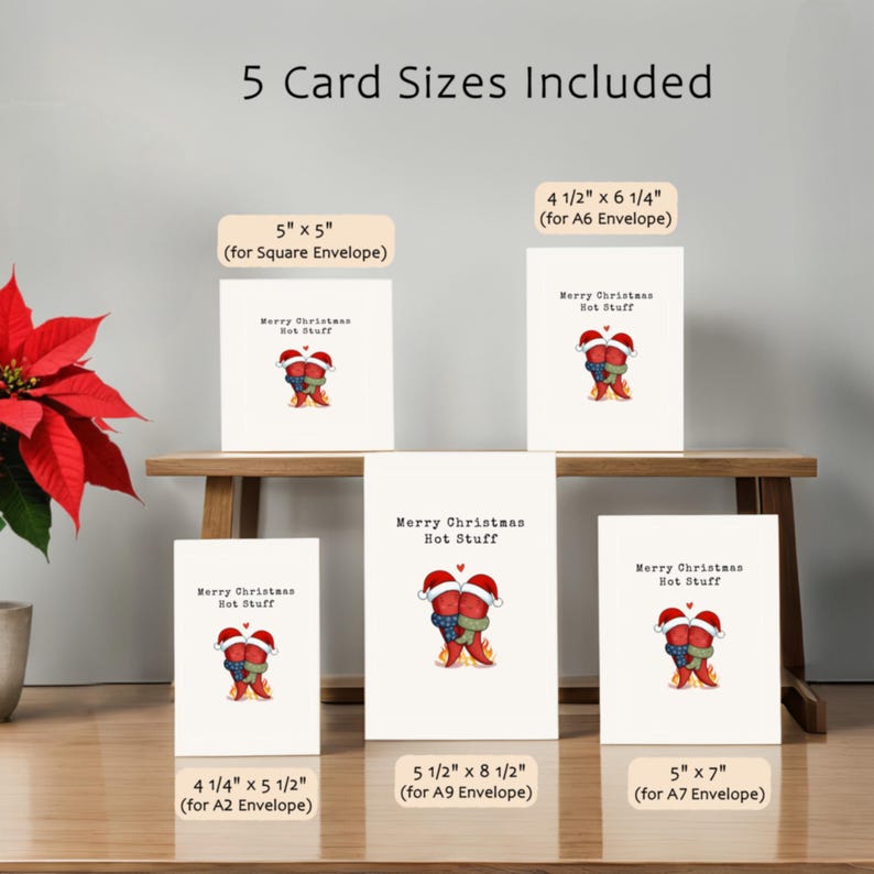 This festive card features two hot peppers hugging in love, with a flame below and Santa hats for a holiday touch. The playful message, Merry Christmas Hot Stuff, adds spice to your holidays. Available as an instant download in 5 different sizes