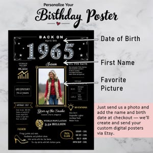 Available in 5 sizes for instant download, our 1965 birthday poster adds retro charm to any celebration or space. Personalize with a name, birth date, and photo for a unique keepsake.