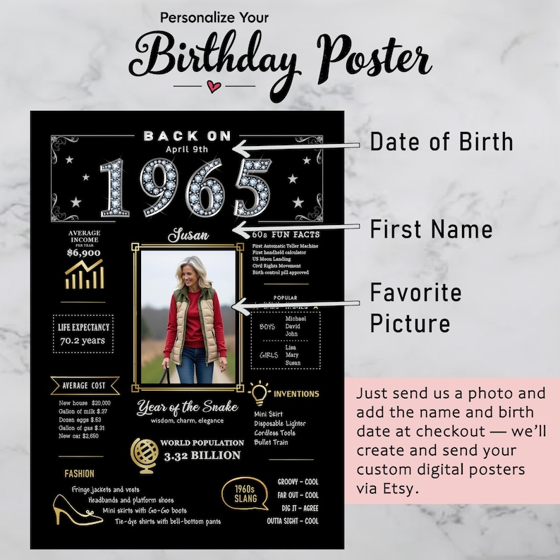 Available in 5 sizes for instant download, our 1965 birthday poster adds retro charm to any celebration or space. Personalize with a name, birth date, and photo for a unique keepsake.