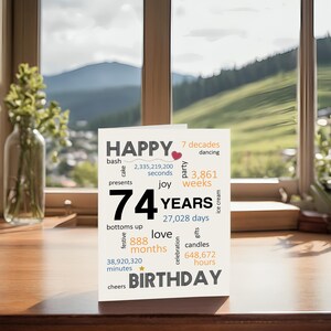 Celebrate a 74th birthday with an enchanting card on a table, set against a beautiful landscape. The birthday card features joyful wishes like dancing, cake, gifts, festive, and a special mention of the exact years, months, days and hours.
