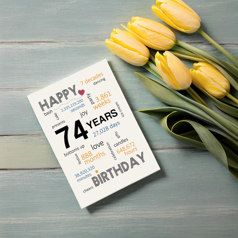 Celebrate a 74th birthday with an enchanting card next to a beautiful display of yellow flowers. It features joyful wishes like dancing, cake, gifts, festive, and a special mention of the exact years, months, days, and hours they have been alive.