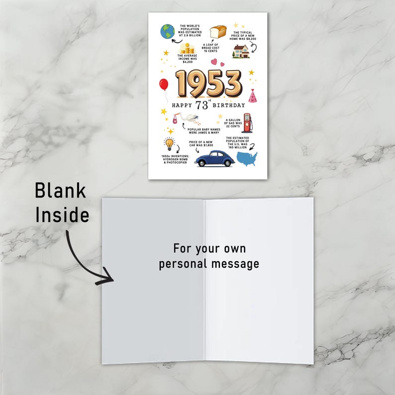 The inside of the 1953 birthday card printable is thoughtfully left blank, giving you ample room to add your own heartfelt message and personal touch.