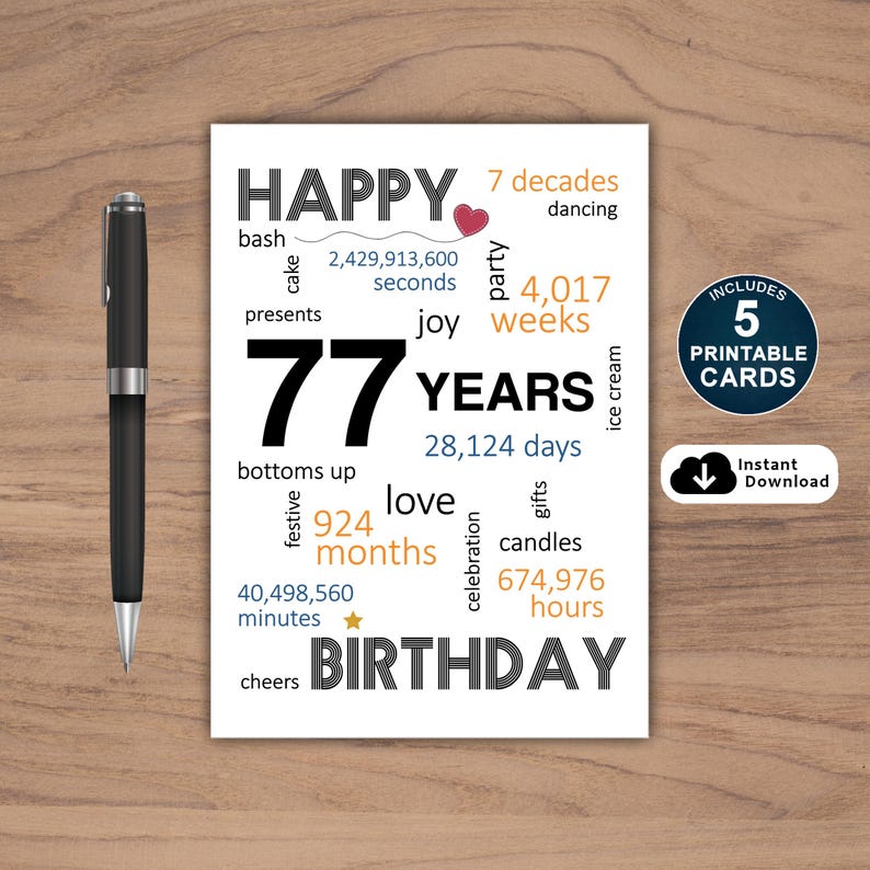 Celebrate a 77th birthday with our exclusive birthday card, available in five popular sizes. Instantly download and choose the perfect birthday card to send to your loved one, making their special day even more memorable.