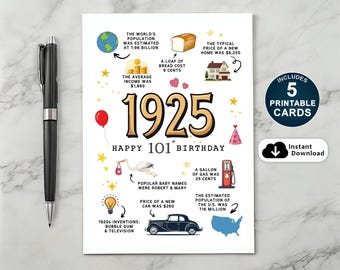 101st Birthday Card: Born in 1925 Fun Facts (PDF)