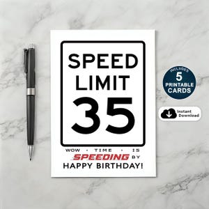 35e verjaardagskaart, verjaardagskaart maximumsnelheid, grappige 35e verjaardagskaart, afdrukbare verjaardagskaart