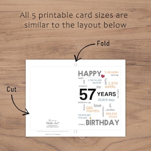 The 57th birthday card template provides clear guidelines for cutting and folding after printing. This consistent layout ensures ease of use across all five birthday card sizes.