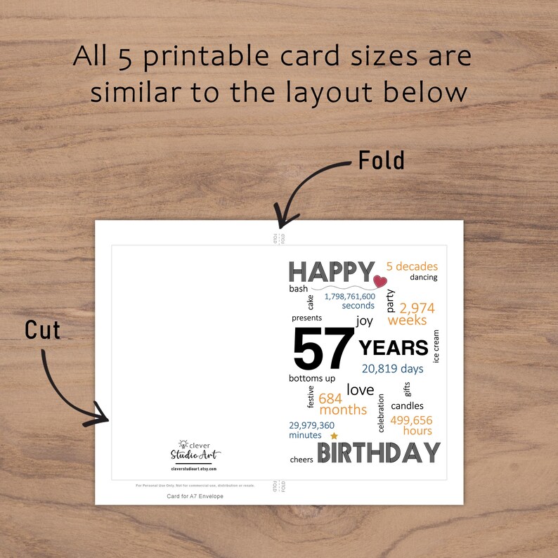 The 57th birthday card template provides clear guidelines for cutting and folding after printing. This consistent layout ensures ease of use across all five birthday card sizes.