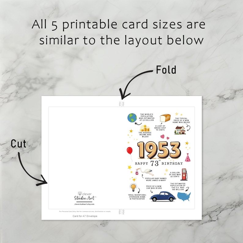 Each printable 1953 birthday card download includes easy to follow instructions for printing, trimming, and folding, ensuring a smooth experience with all 5 birthday card versions.