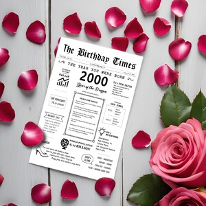 Red roses and petals embellish the 2000 birthday card, displaying facts and news from that period, including average income, popular headlines, life expectancy, inventions, item costs, world population, and fashion trends.