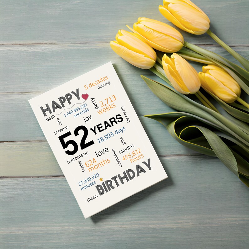 Celebrate a 52nd birthday with an enchanting card next to a beautiful bouquet of flowers. It features joyful wishes like bash, cake, gifts, dancing, and a special mention of the exact years, months, days, and hours you've been alive.