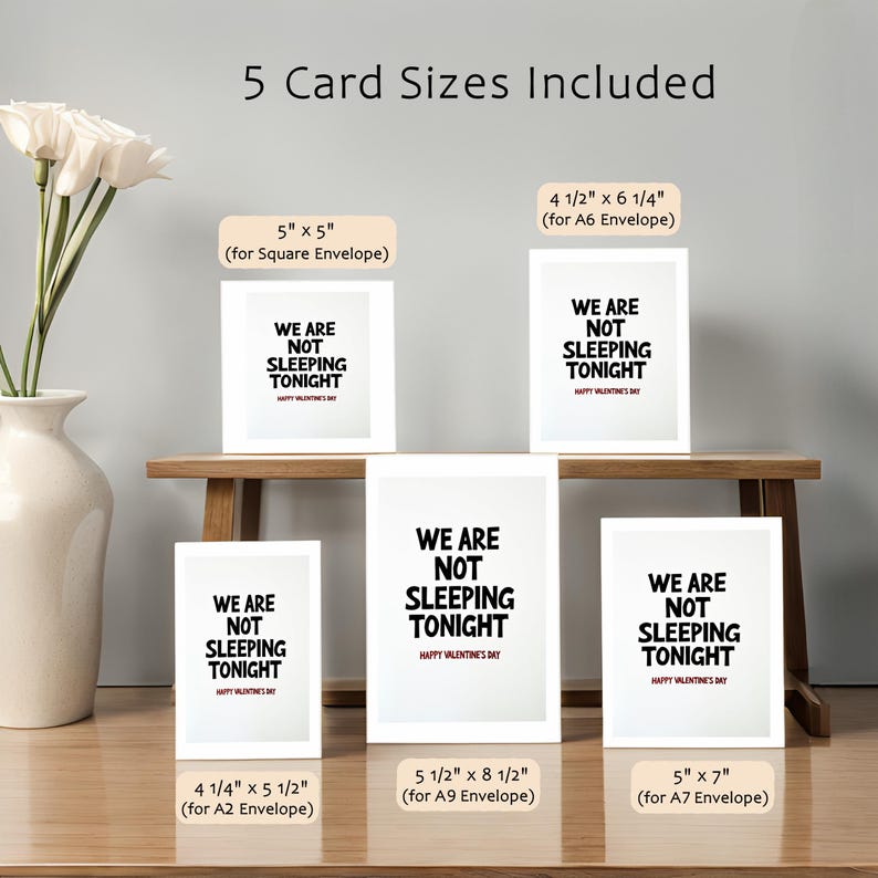 Playful Valentine card available in multiple sizes with bold text reading We are not sleeping tonight and Happy Valentines Day underneath.