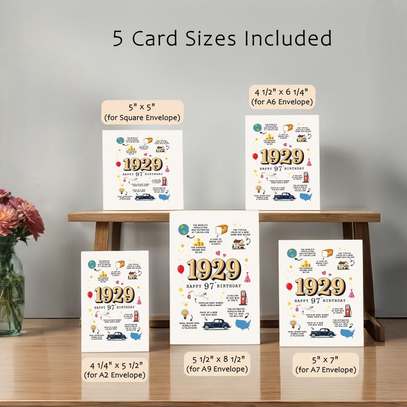 This 1929 birthday card comes in five popular sizes and is available for instant download, so you can choose the perfect one to share and celebrate a special 1929 birthday.