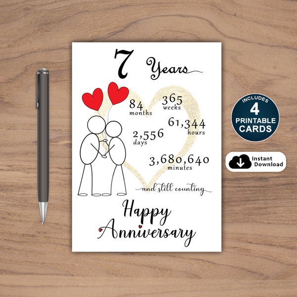 7th Anniversary Card, Printable 7th Anniversary Card, Anniversary Card For Him, Anniversary Card For Her