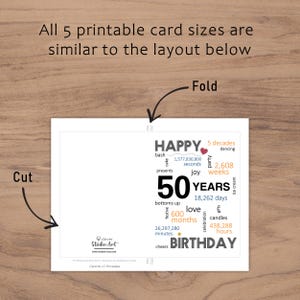 The 50th birthday card template provides clear guidelines for cutting and folding after printing. This consistent layout ensures ease of use across all five birthday card sizes.